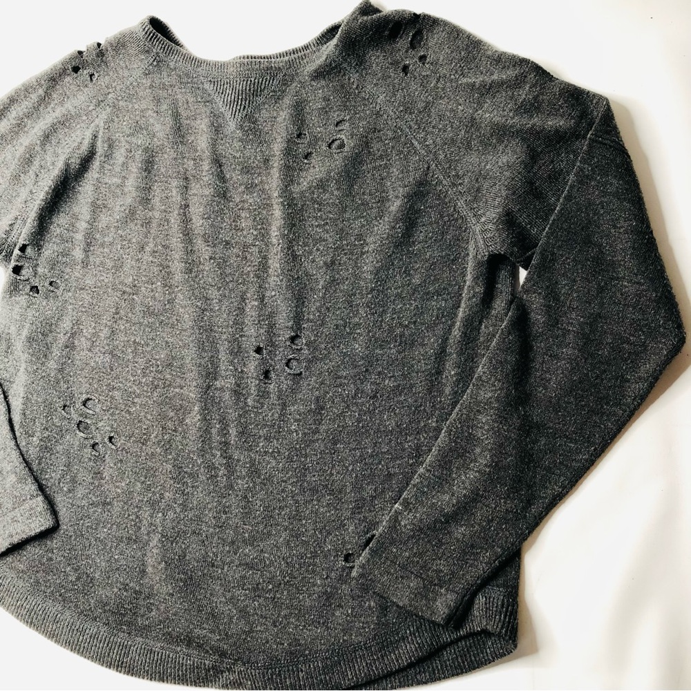 Womens Dark Grey Crewneck Pullover Sweater Distressed Holes Grunge Cozy Casual S